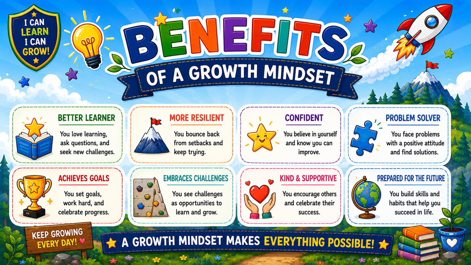 My Growth Mindset Journal learning benefits including resilience, confidence, positive thinking, perseverance, and personal growth for children