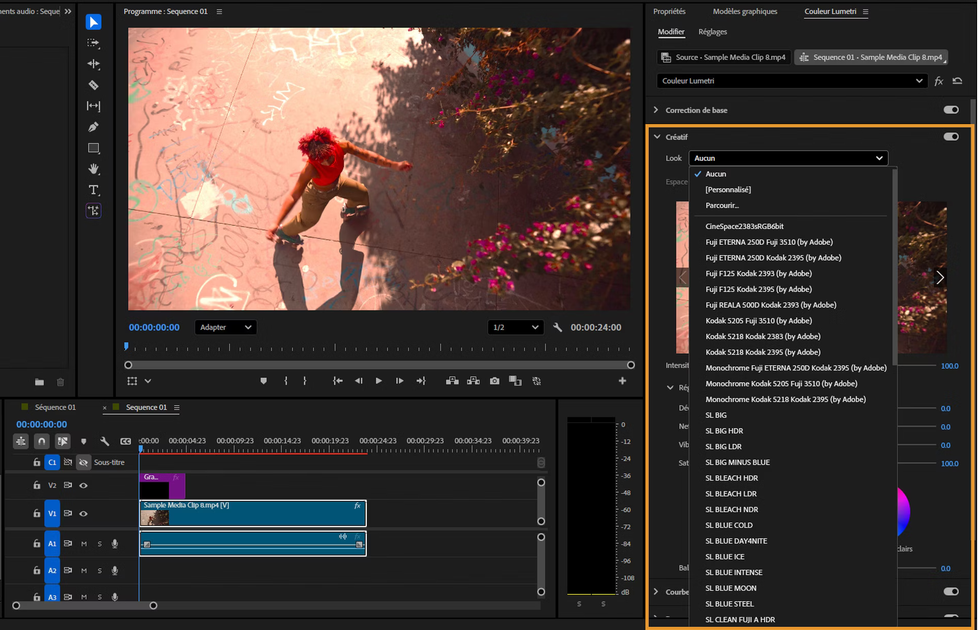 Capture d’écran du panneau Couleur Lumetri dans Adobe Premiere Pro 2025, illustrant l’application d’une LUT via le menu LUT en entrée, avec un clip sélectionné dans la timeline.