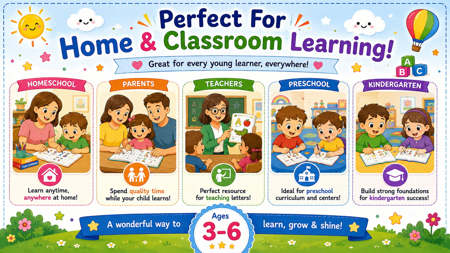 Alphabet Learning Workbook Bundle A to E printable educational resource designed for homeschooling, preschool, kindergarten, and classroom learning activities