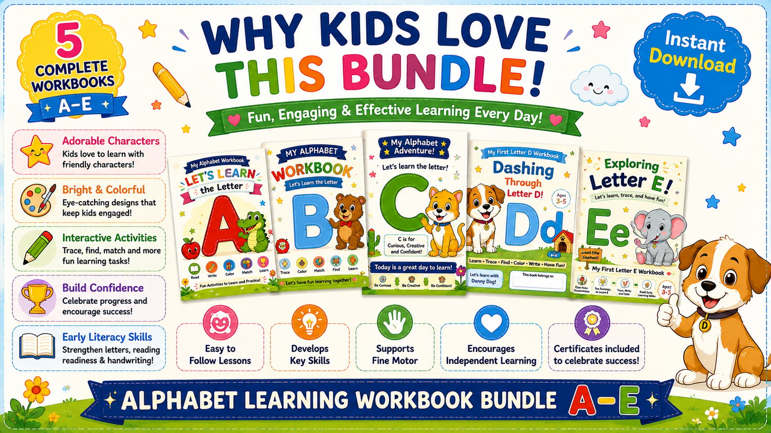Alphabet Learning Workbook Bundle A to E featuring engaging educational activities that help children develop early literacy, handwriting, and phonics skills