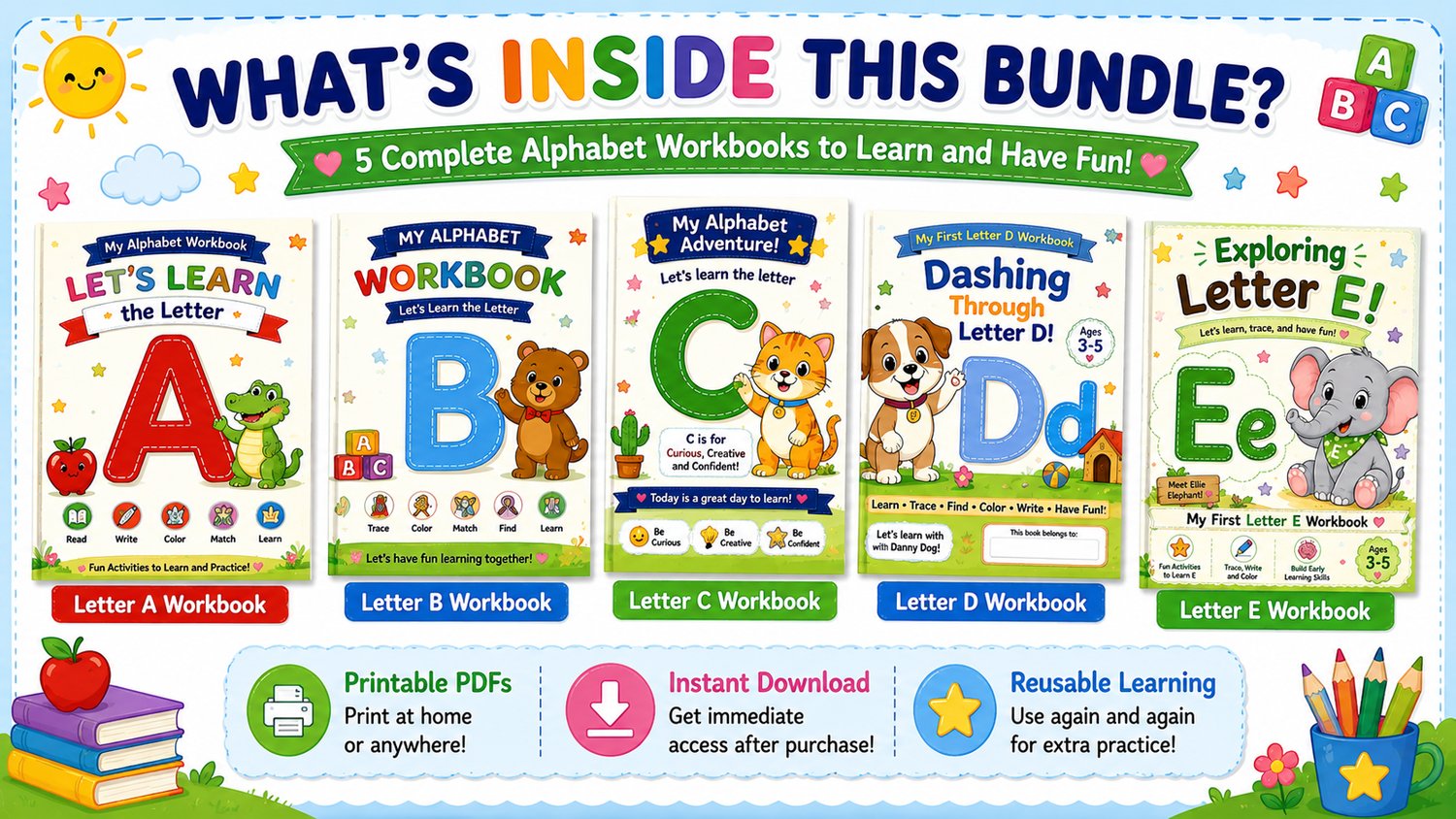 Alphabet Workbook Bundle A to E contents overview featuring letter recognition, tracing practice, coloring activities, and early learning worksheets for children