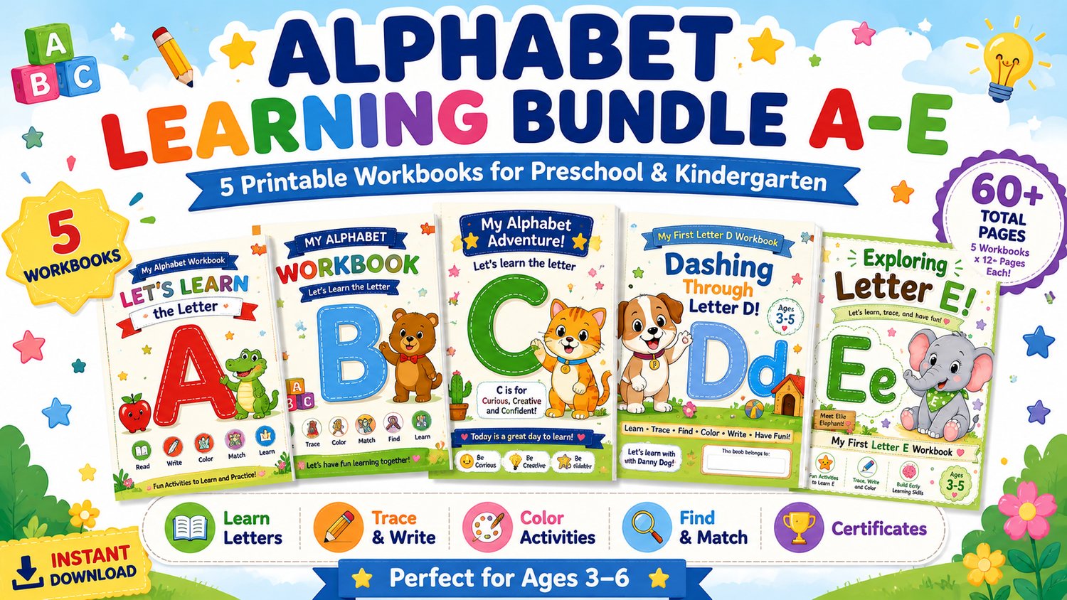 Alphabet Learning Bundle A to E printable educational worksheets for preschool and kindergarten featuring alphabet tracing, phonics, and fun learning activities