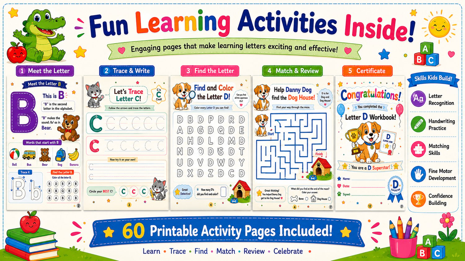 Alphabet Workbook Bundle A to E printable activities including tracing worksheets, matching games, mazes, coloring pages, and letter recognition exercises
