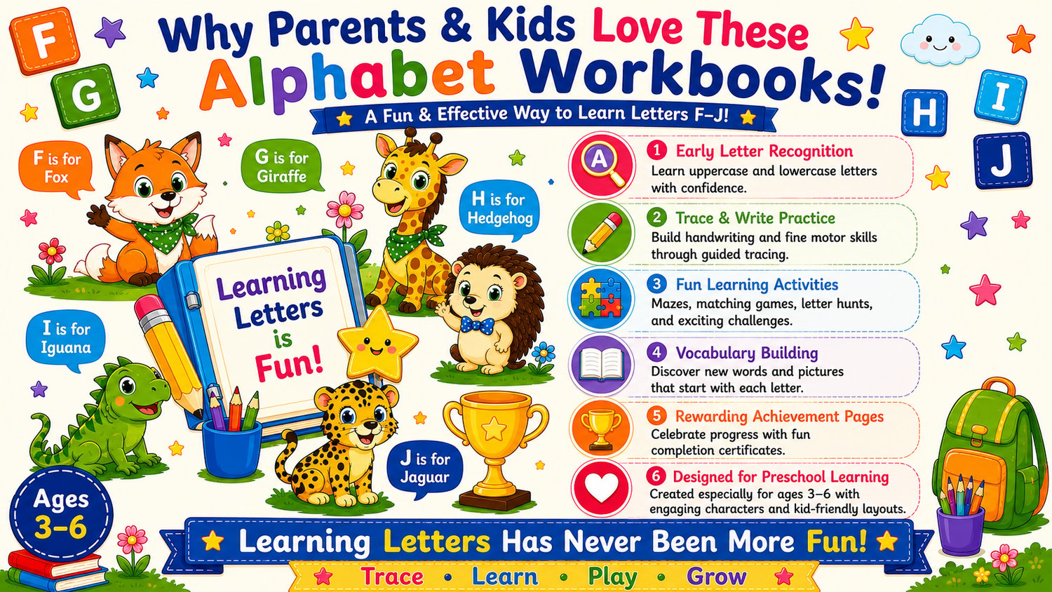 Alphabet Learning Workbook Bundle F to J printable educational resource designed for homeschooling, preschool, kindergarten, and classroom learning activities