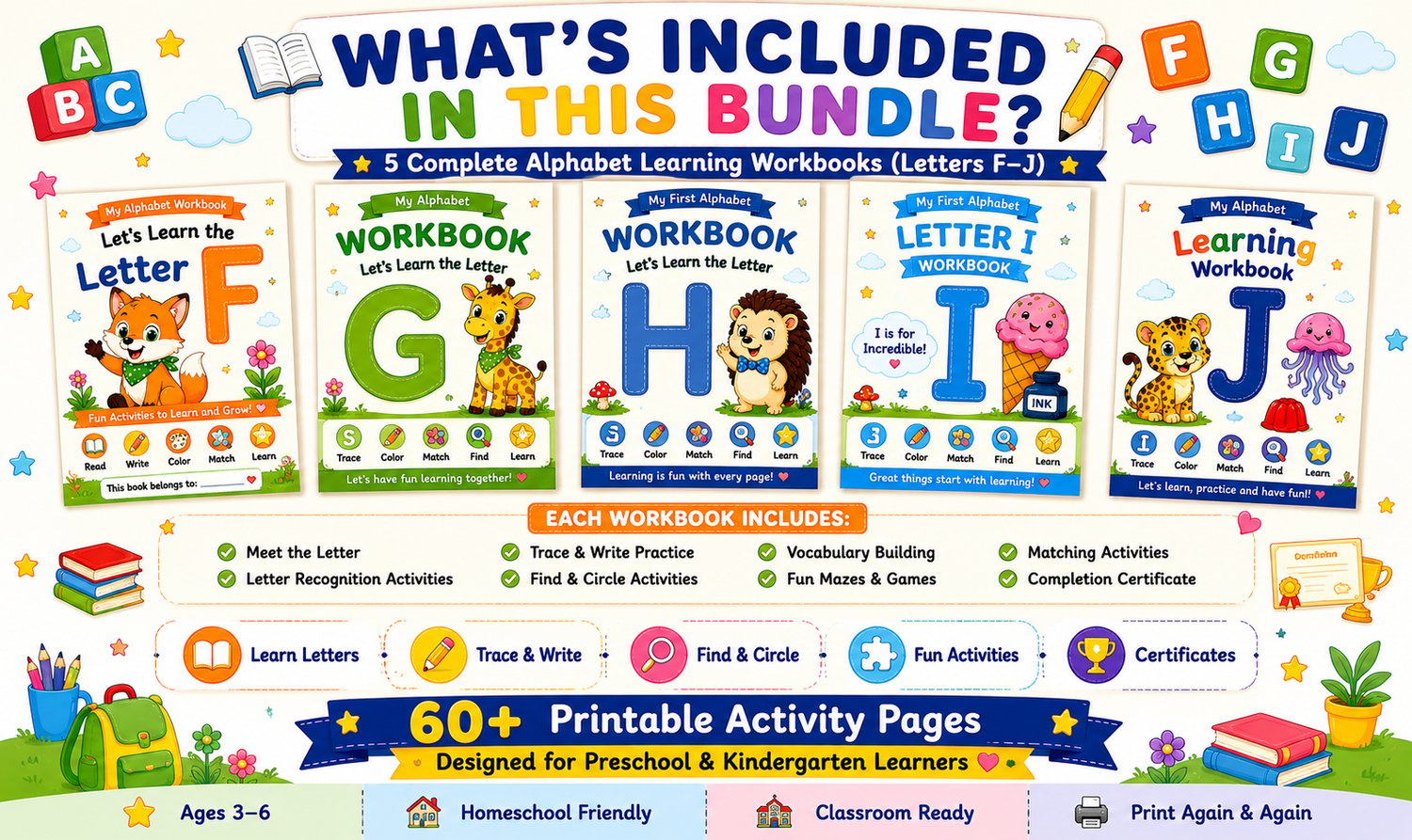 Alphabet Workbook Bundle F to J contents overview featuring letter recognition, tracing practice, coloring activities, and early learning worksheets for children