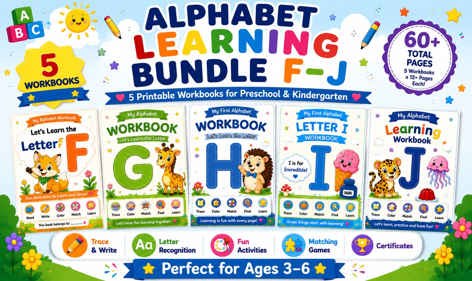 Alphabet Learning Bundle F to J printable educational worksheets for preschool and kindergarten featuring alphabet tracing, phonics, and fun learning activities