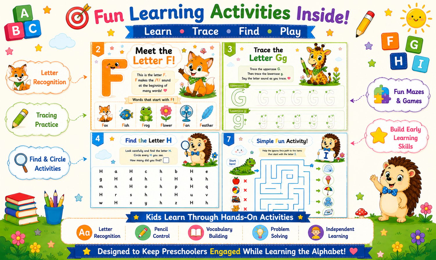 Alphabet Workbook Bundle F to J printable activities including tracing worksheets, matching games, mazes, coloring pages, and letter recognition exercises