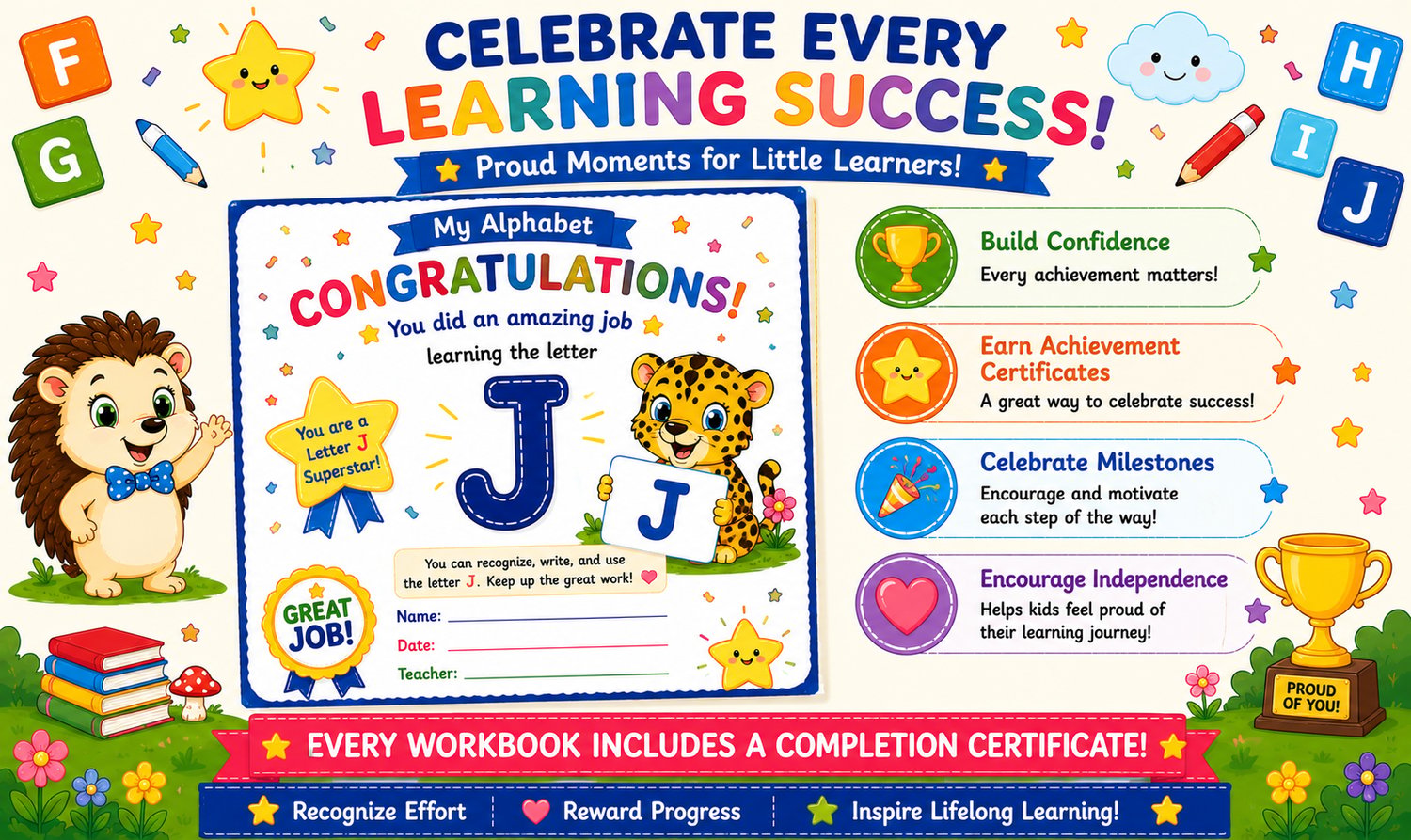 Alphabet Learning Workbook Bundle F to J featuring completion certificates, reward activities, and educational worksheets designed for preschool and kindergarten children