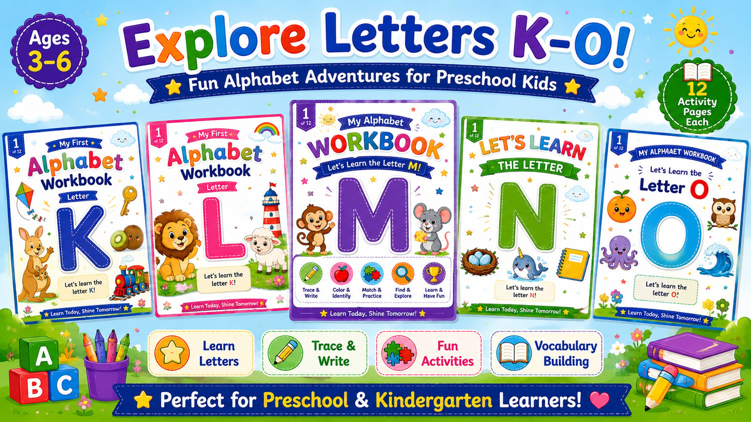 Alphabet Learning Bundle K to O printable educational worksheets for preschool and kindergarten featuring alphabet tracing, phonics, and fun learning activities