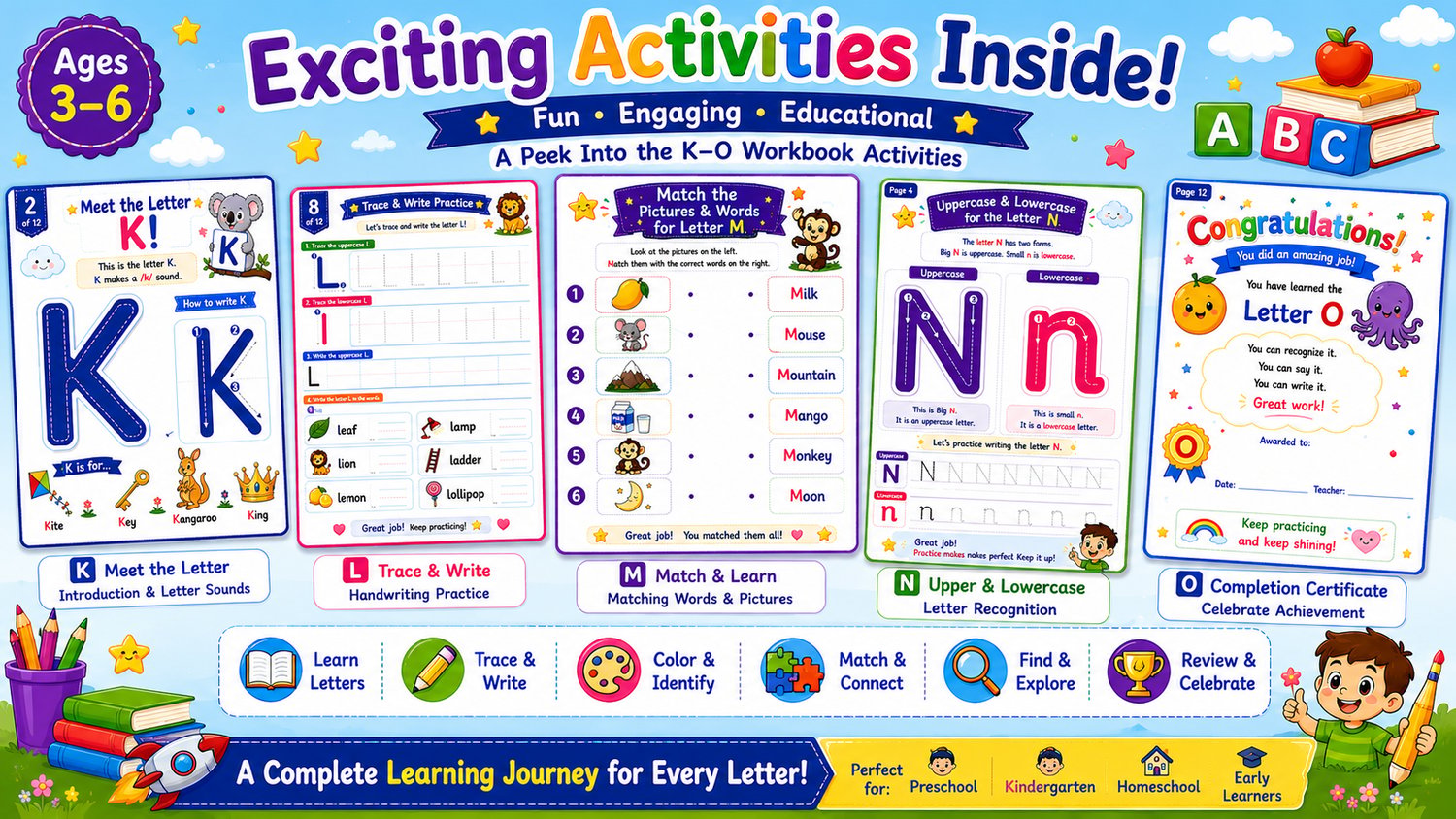 Alphabet Workbook Bundle K to O printable activities including tracing worksheets, matching games, mazes, coloring pages, and letter recognition exercises