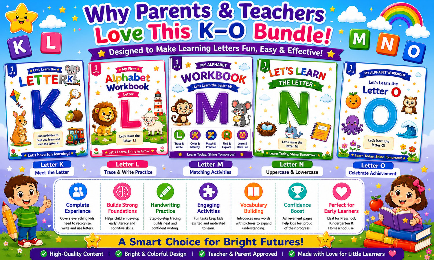 Alphabet Learning Workbook Bundle K to O printable educational resource designed for homeschooling, preschool, kindergarten, and classroom learning activities