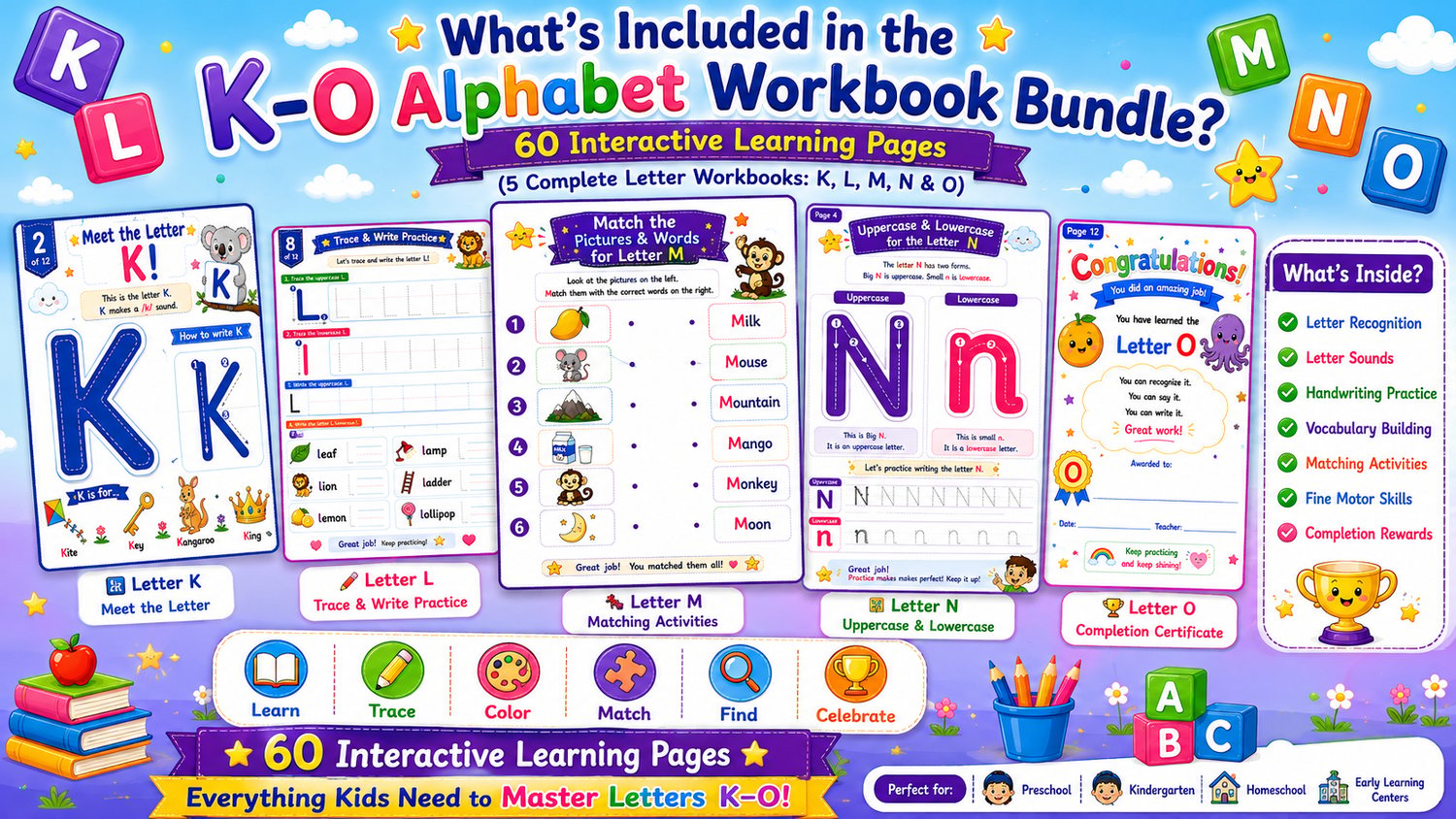 Alphabet Workbook Bundle K to O contents overview featuring letter recognition, tracing practice, coloring activities, and early learning worksheets for children