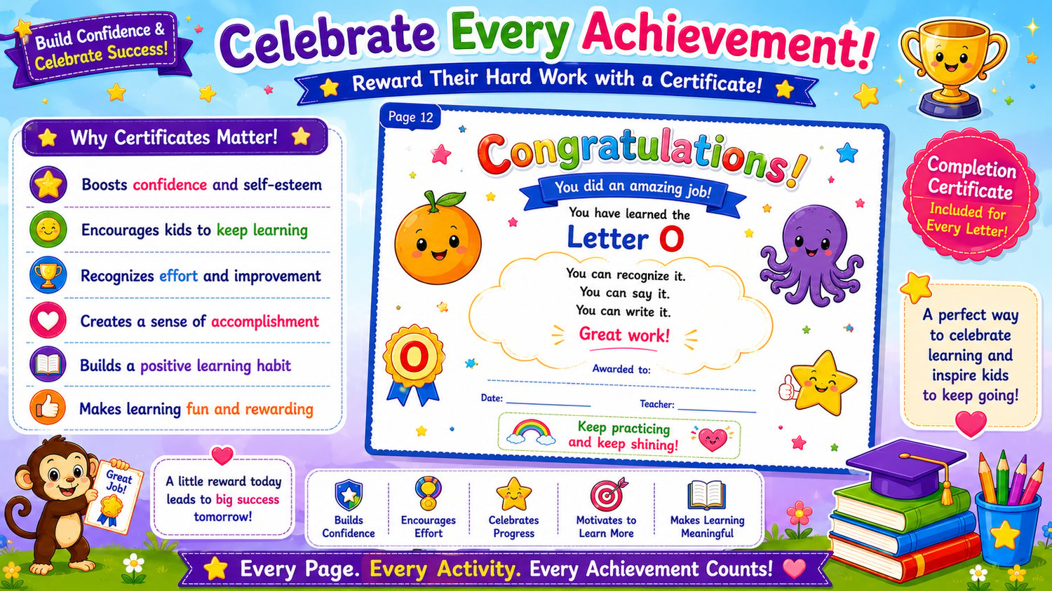 Alphabet Learning Workbook Bundle K to O featuring completion certificates, reward activities, and educational worksheets designed for preschool and kindergarten children