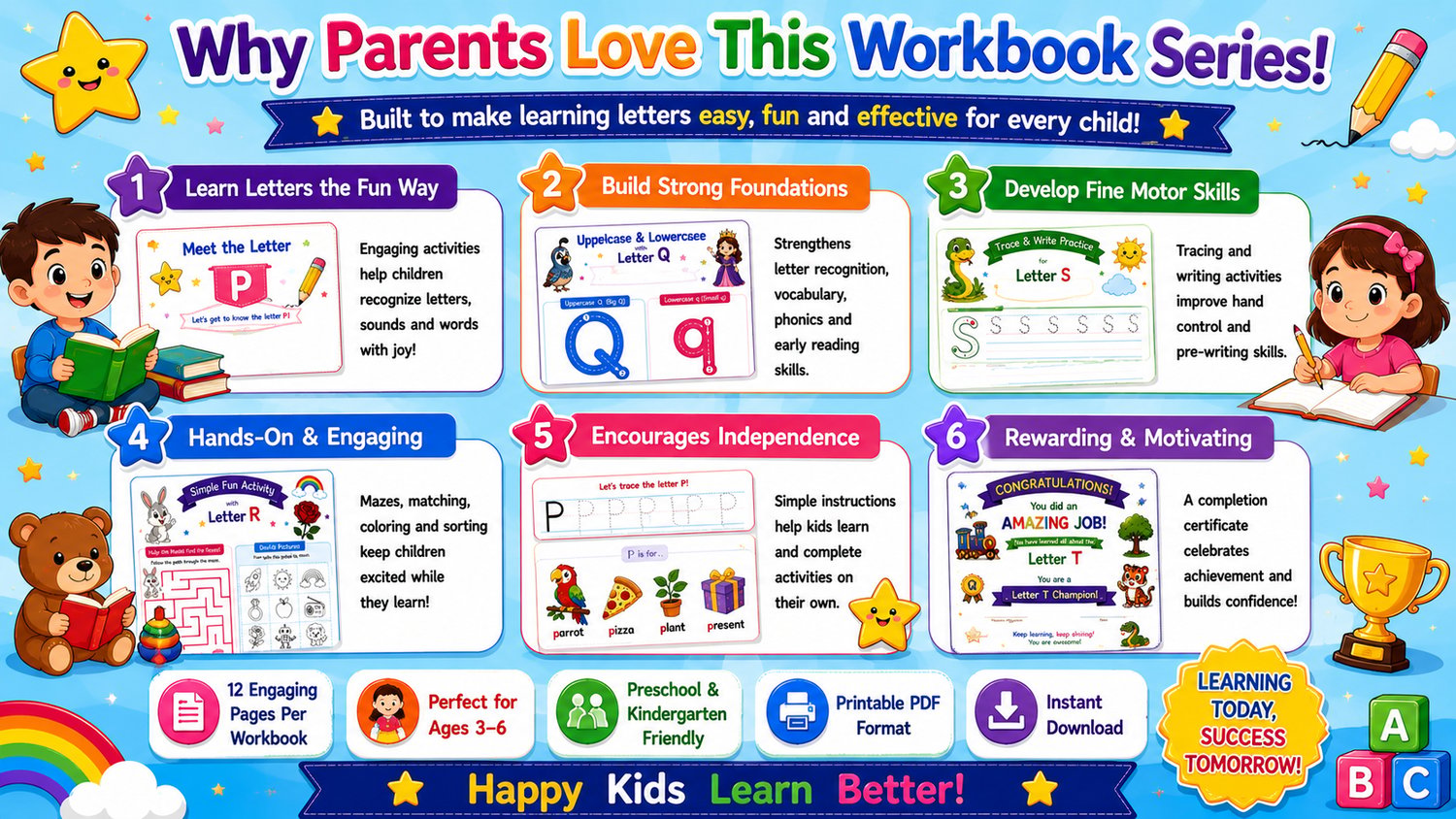 Alphabet Learning Workbook Bundle P to T printable educational resource designed for homeschooling, preschool, kindergarten, and classroom learning activities