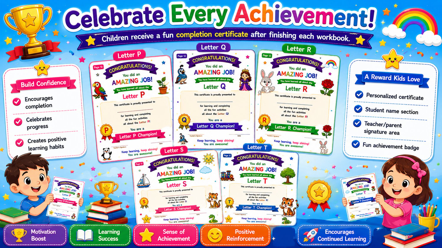 Alphabet Learning Workbook Bundle P to T featuring completion certificates, reward activities, and educational worksheets designed for preschool and kindergarten children