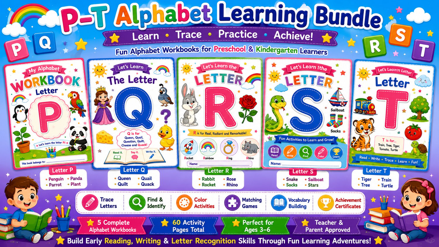 Alphabet Learning Bundle P to T printable educational worksheets for preschool and kindergarten featuring alphabet tracing, phonics, and fun learning activities