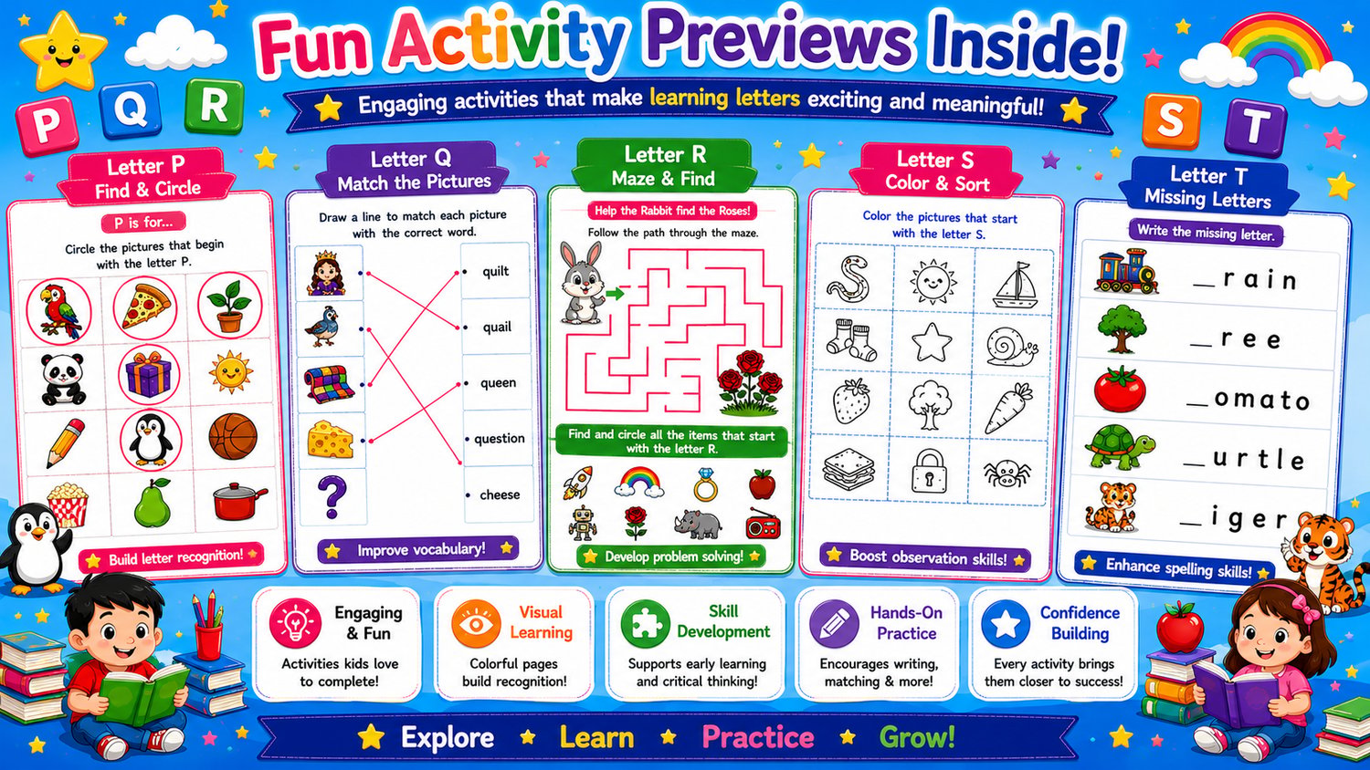 Alphabet Workbook Bundle P to T printable activities including tracing worksheets, matching games, mazes, coloring pages, and letter recognition exercises