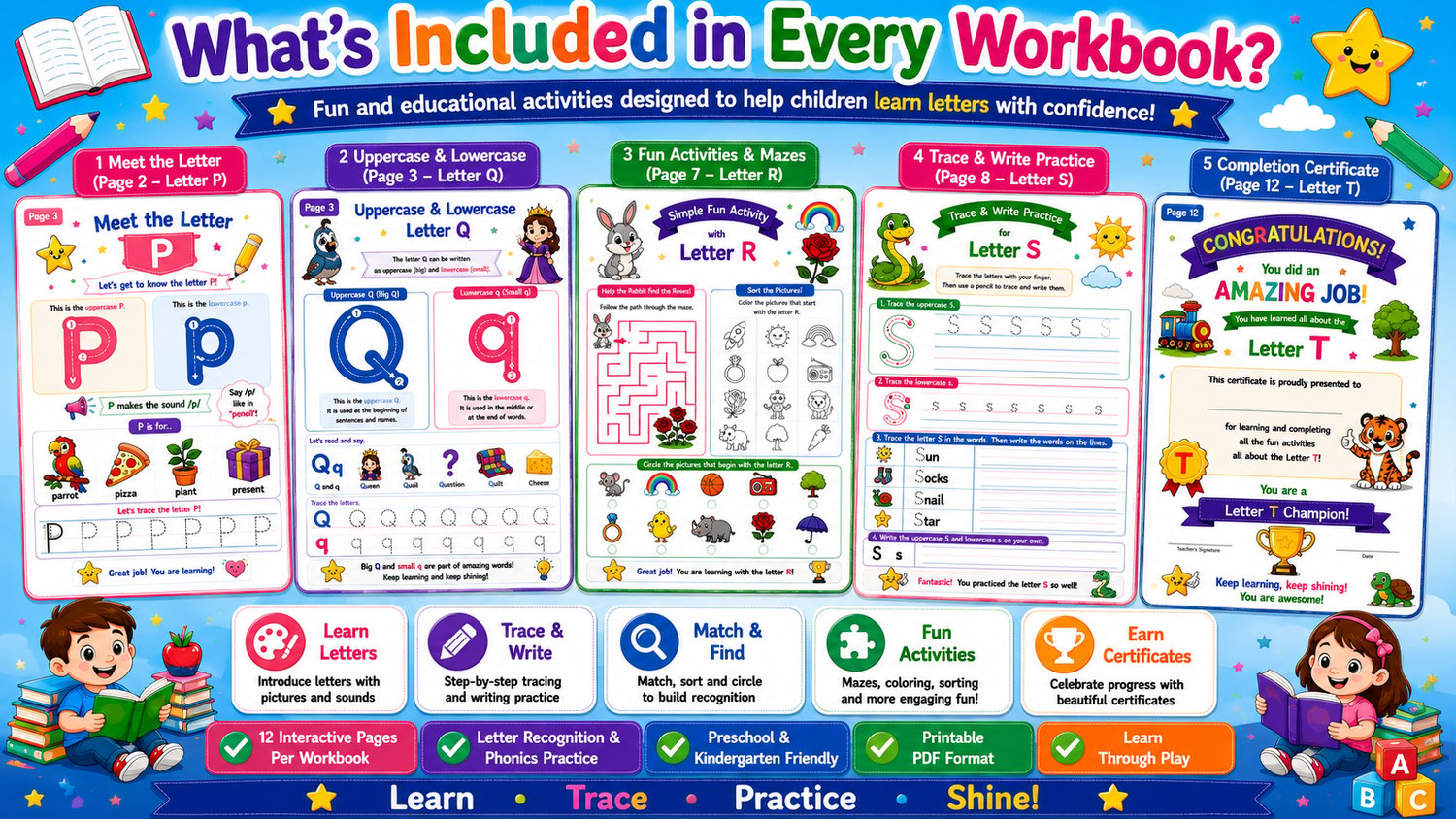 Alphabet Workbook Bundle P to T contents overview featuring letter recognition, tracing practice, coloring activities, and early learning worksheets for children