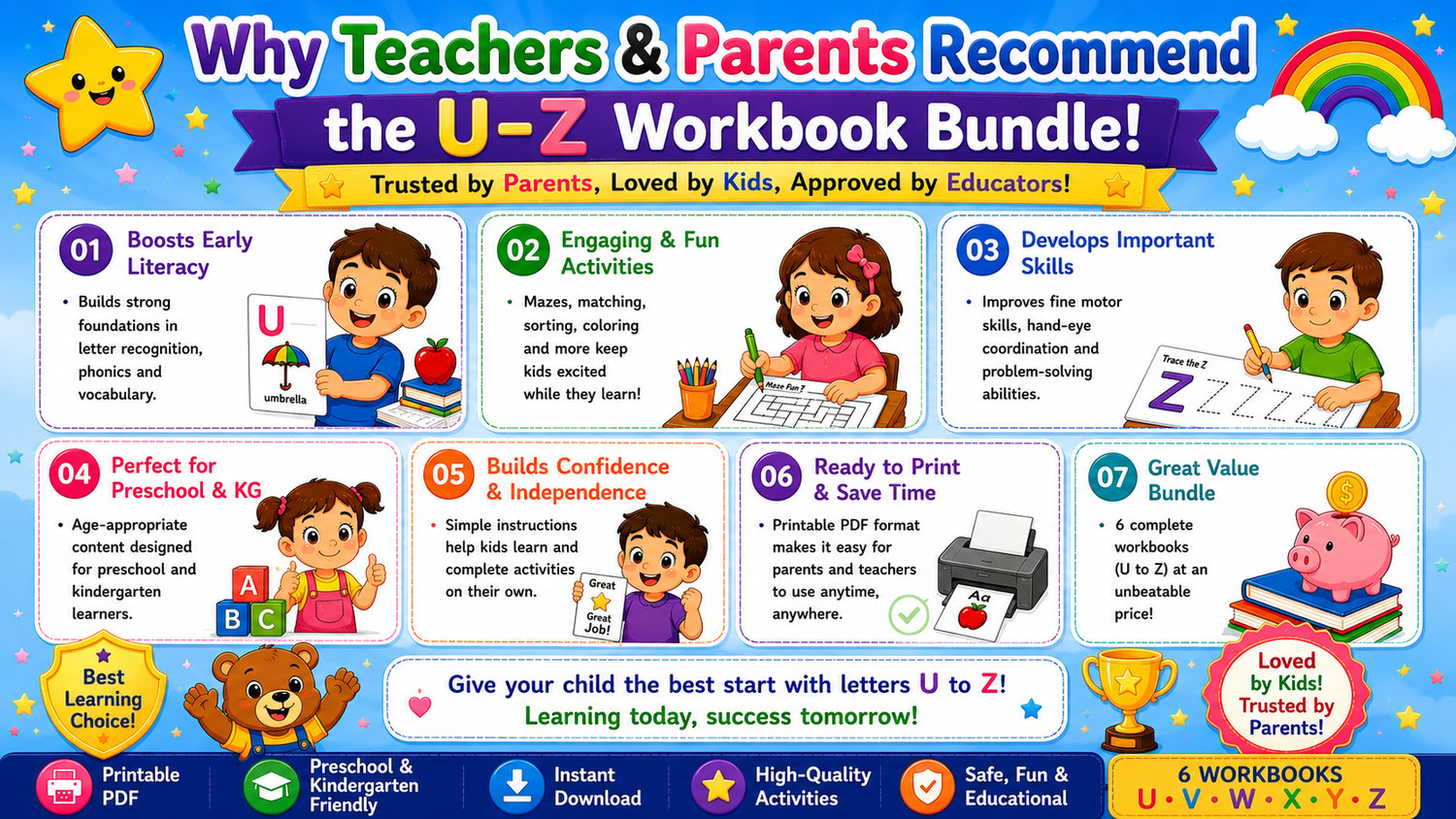 Alphabet Workbook Bundle U to Z featuring engaging educational activities that help children develop early literacy, handwriting, phonics, and fine motor skills