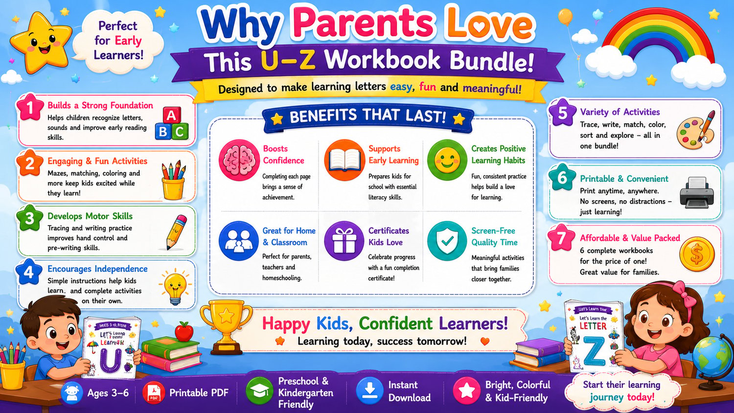 Alphabet Workbook Bundle U to Z contents overview featuring letter recognition, tracing practice, coloring activities, and early learning worksheets for children