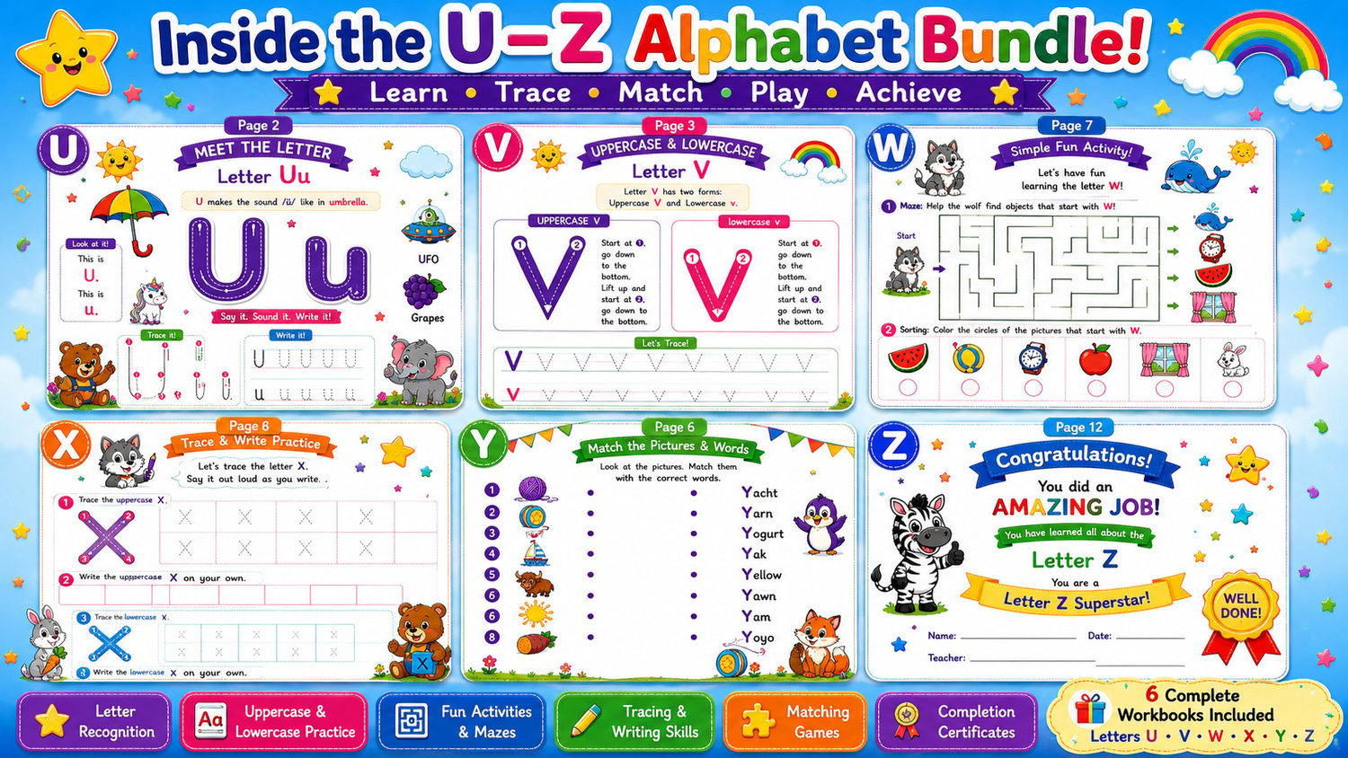 Alphabet Learning Bundle U to Z printable educational worksheets for preschool and kindergarten featuring alphabet tracing, phonics, and fun learning activities