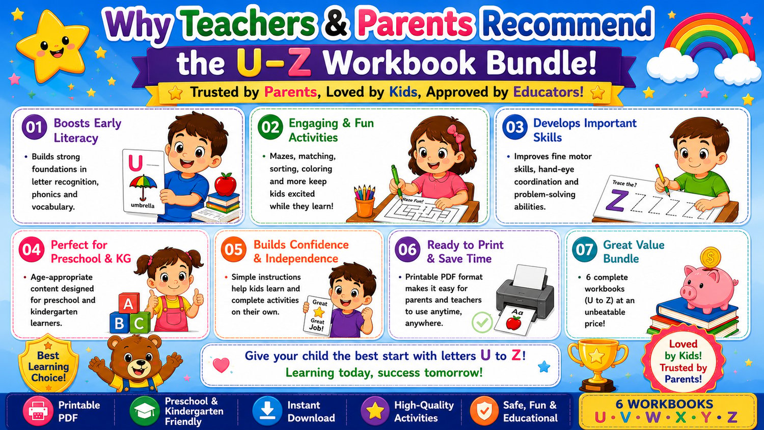 Alphabet Learning Workbook Bundle U to Z printable educational resource designed for homeschooling, preschool, kindergarten, and classroom learning activities