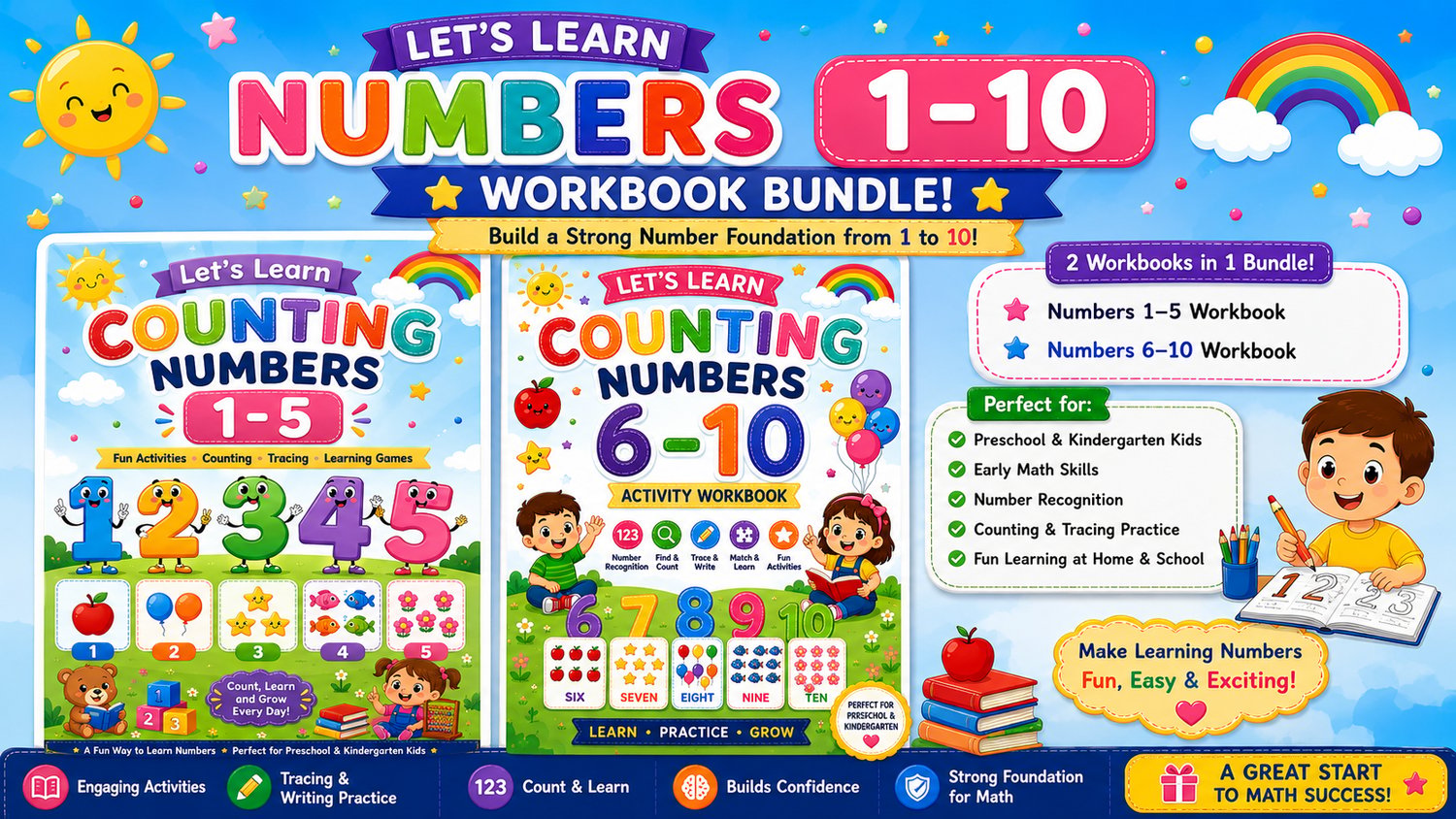 Numbers Learning Bundle 1 to 10 printable educational worksheets for preschool and kindergarten featuring number tracing, counting, and fun math activities