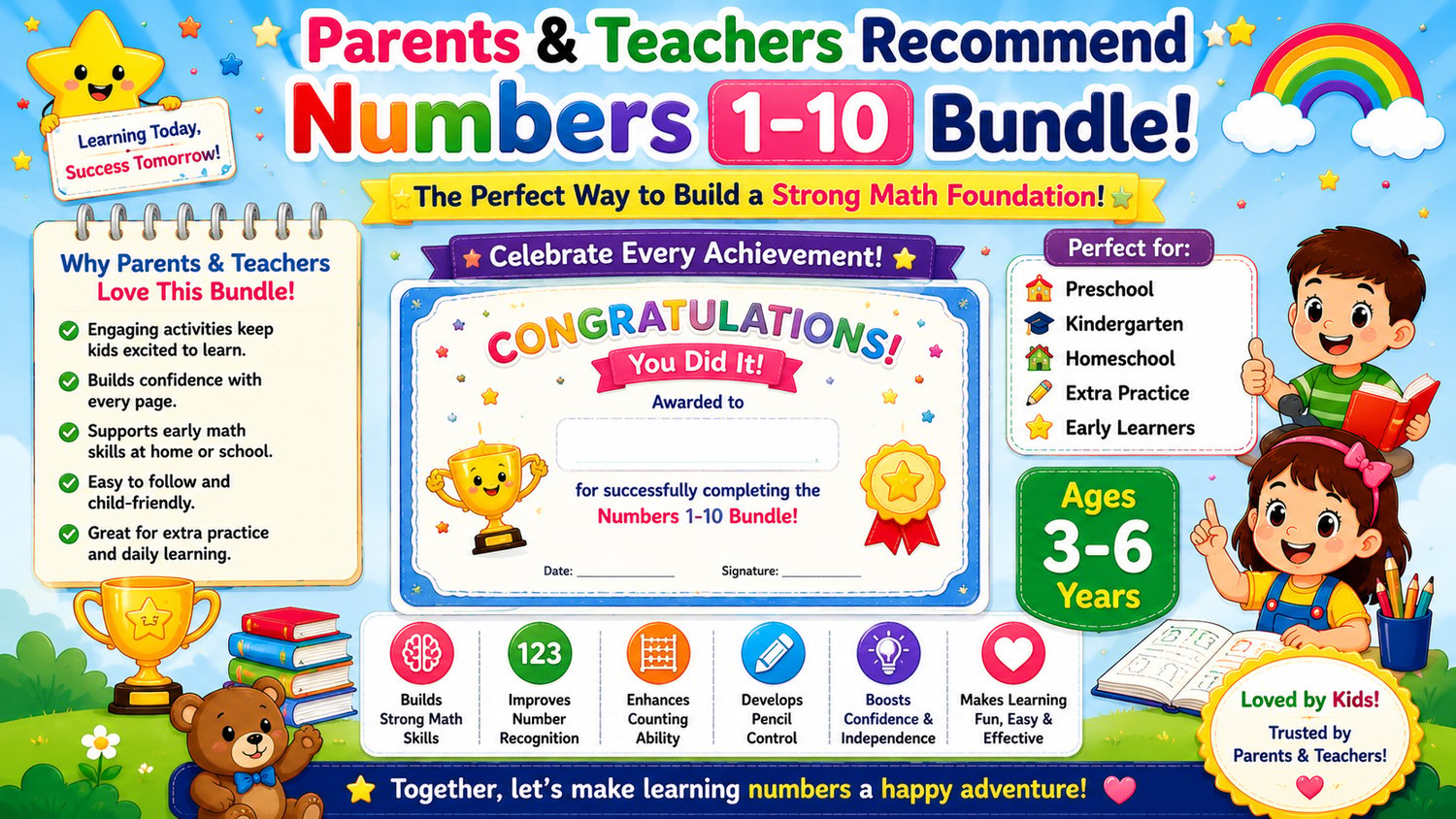 Numbers Learning Workbook Bundle 1 to 10 printable educational resource designed for homeschooling, preschool, kindergarten, and classroom math learning activities