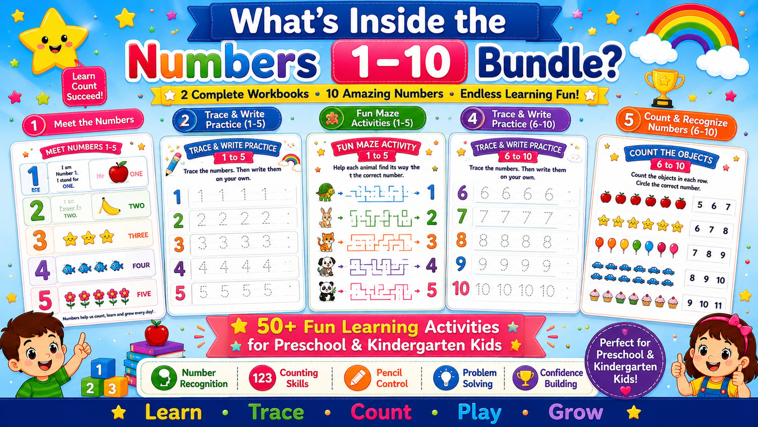 Numbers Workbook Bundle 1 to 10 printable activities including number tracing worksheets, counting exercises, matching games, and preschool math activities
