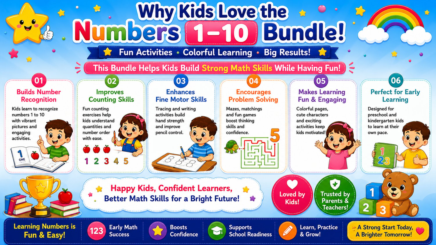 Numbers Learning Workbook Bundle 1 to 10 featuring engaging educational activities that help children develop counting, number recognition, and early math skills