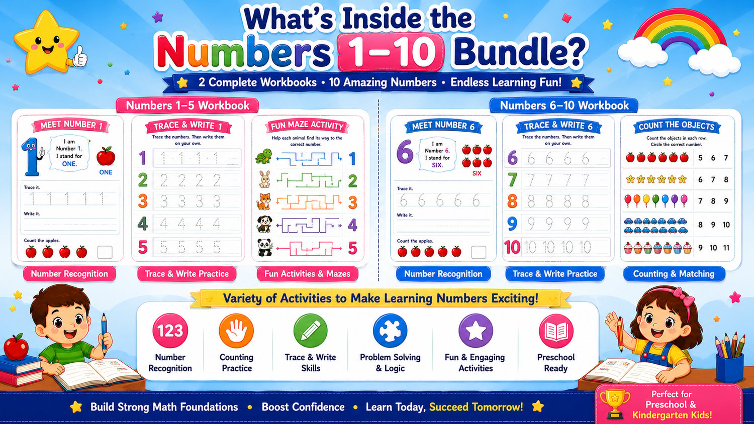Numbers Learning Workbook Bundle 1 to 10 contents overview featuring number recognition, tracing practice, counting activities, and early math worksheets for children