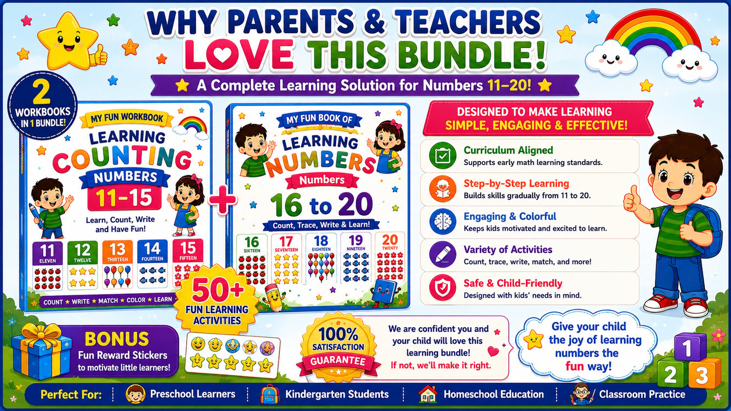Numbers Learning Workbook Bundle 11 to 20 printable educational resource designed for homeschooling, preschool, kindergarten, and classroom math learning activities