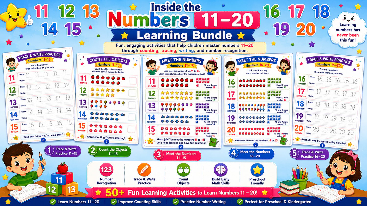 Numbers Learning Workbook Bundle 11 to 20 contents overview featuring number recognition, tracing practice, counting activities, and early math worksheets for children