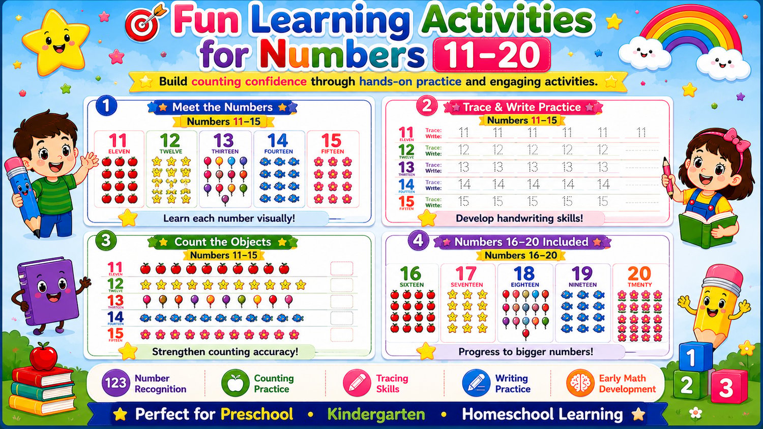 Numbers Workbook Bundle 11 to 20 printable activities including number tracing worksheets, counting exercises, matching games, and preschool math activities