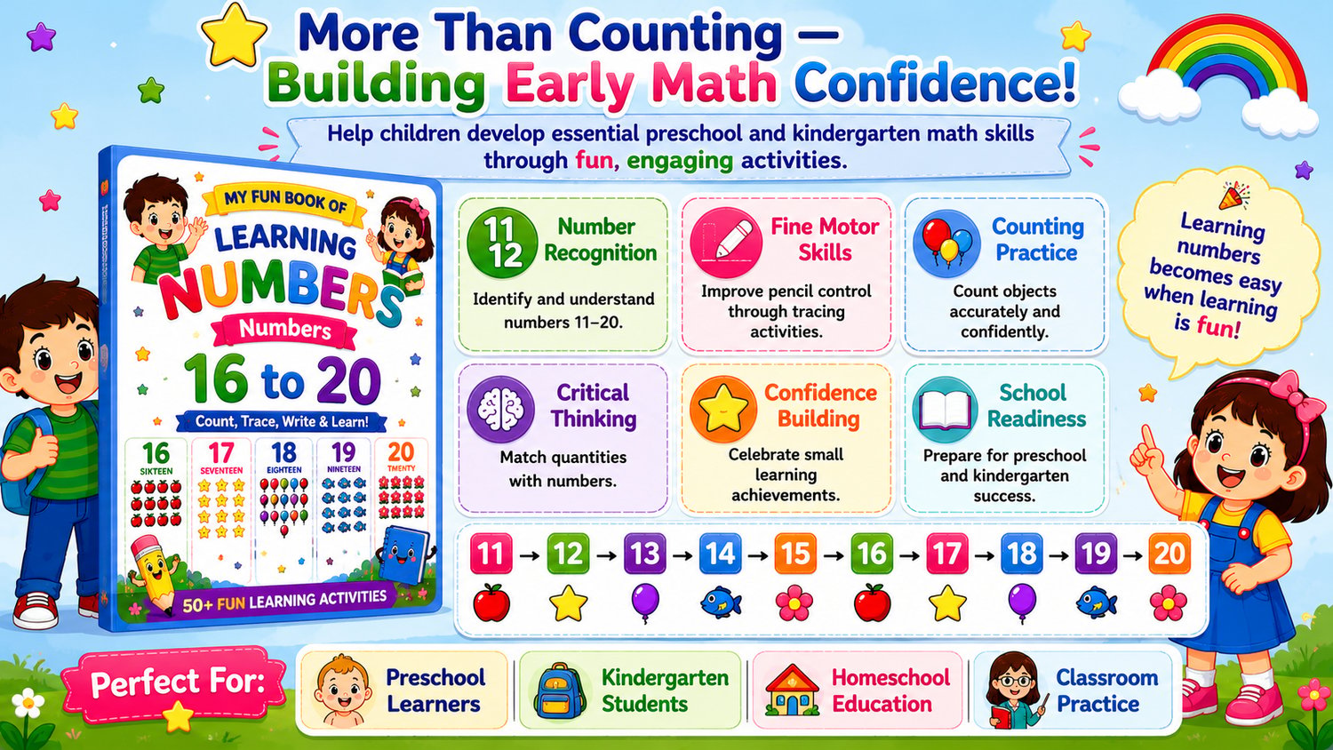 Numbers Learning Workbook Bundle 11 to 20 featuring engaging educational activities that help children develop counting, number recognition, and early math confidence