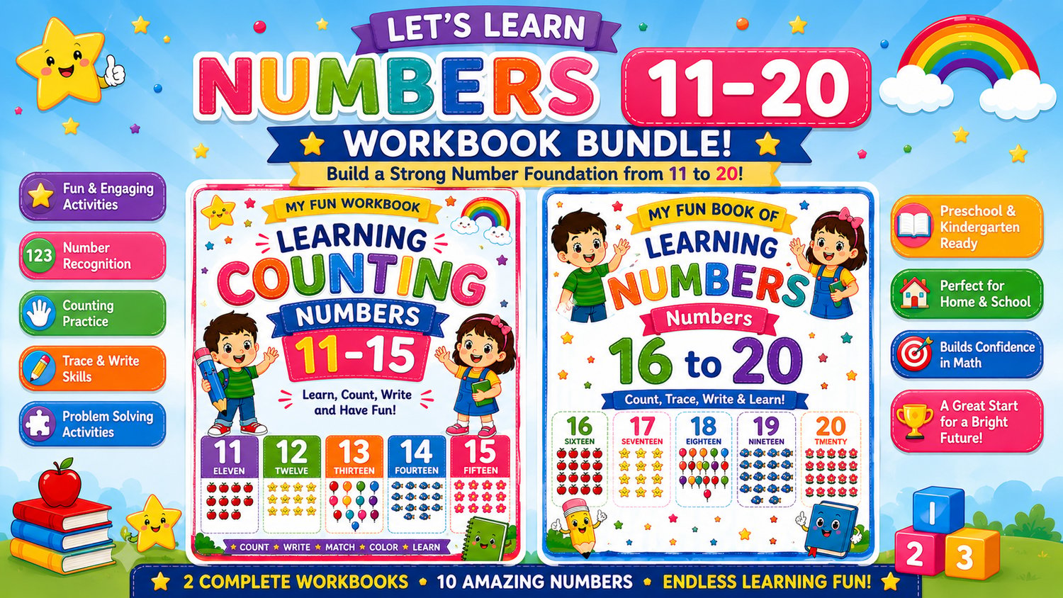 Numbers Learning Bundle 11 to 20 printable educational worksheets for preschool and kindergarten featuring number tracing, counting, and fun math activities