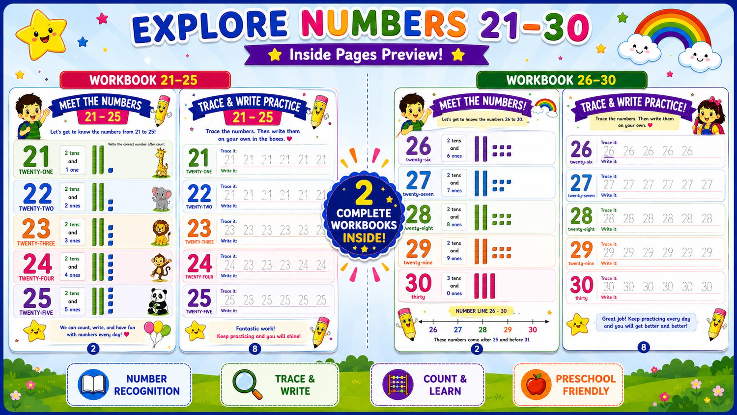 Numbers Learning Workbook Bundle 21 to 30 contents overview featuring number recognition, tracing practice, counting activities, and early math worksheets for children