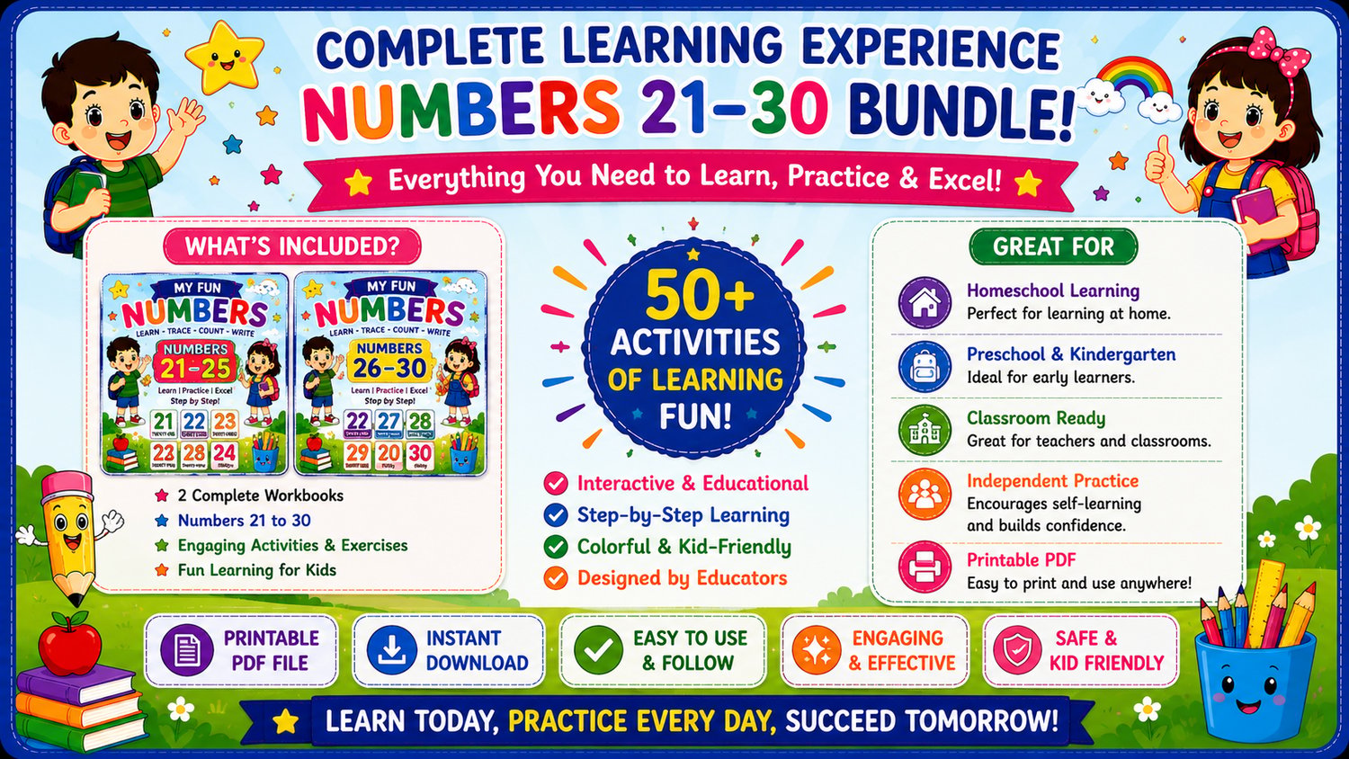 Numbers Learning Workbook Bundle 21 to 30 printable educational resource designed for homeschooling, preschool, kindergarten, and classroom math learning activities