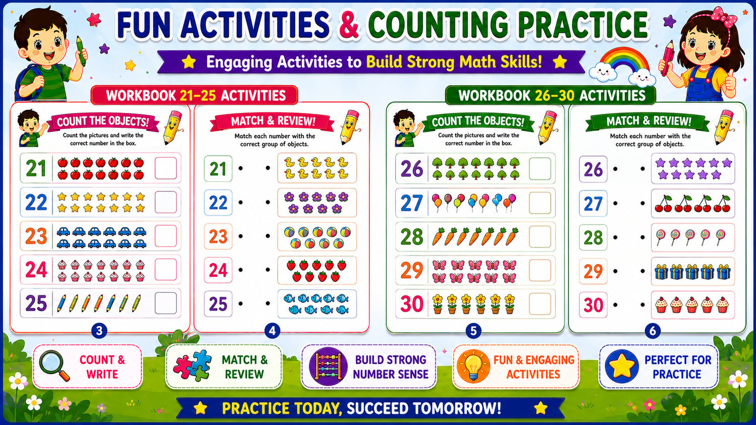 Numbers Workbook Bundle 21 to 30 printable activities including number tracing worksheets, counting exercises, matching games, and preschool math activities