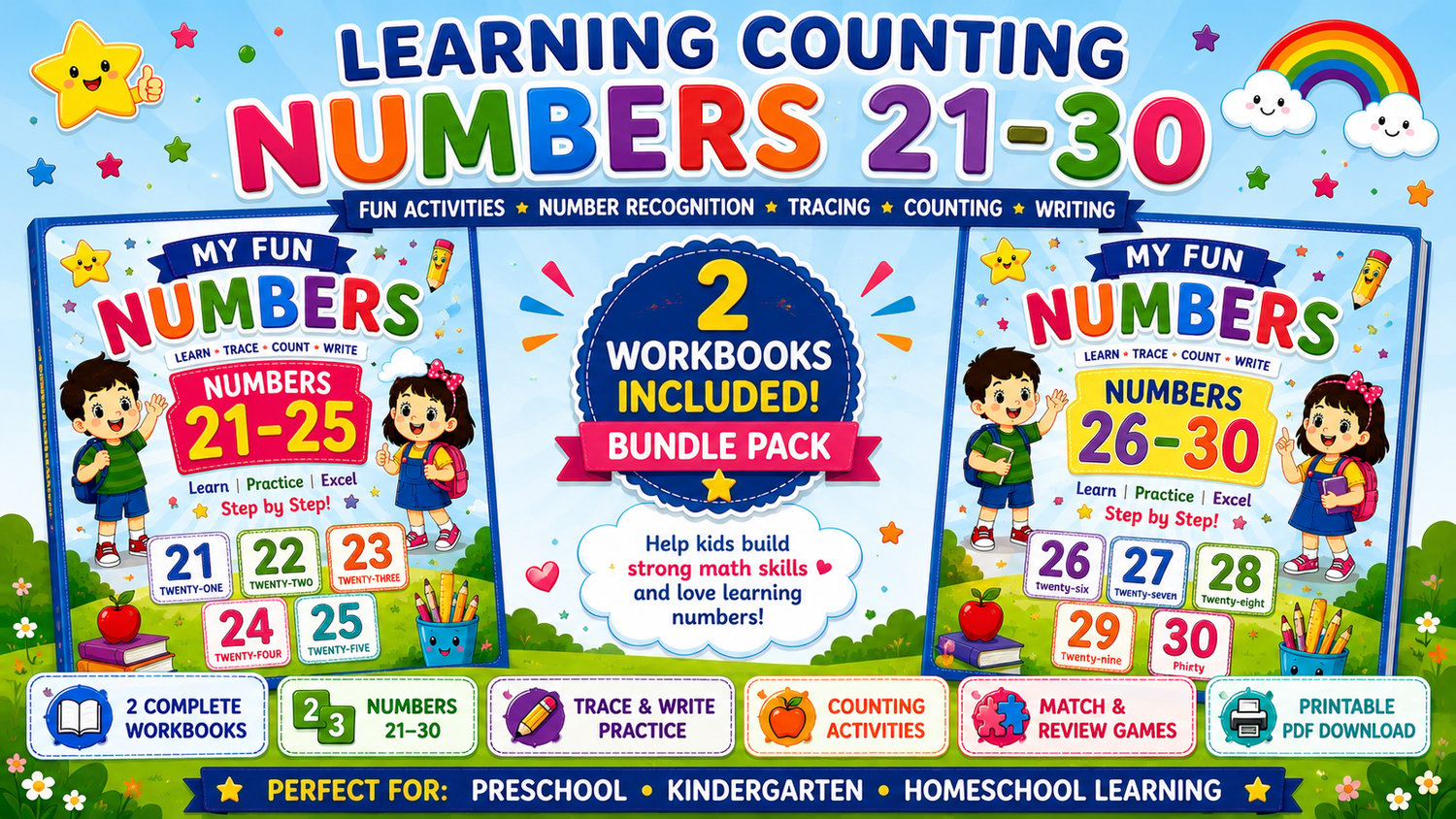 Numbers Learning Bundle 21 to 30 printable educational worksheets for preschool and kindergarten featuring number tracing, counting, and fun math activities