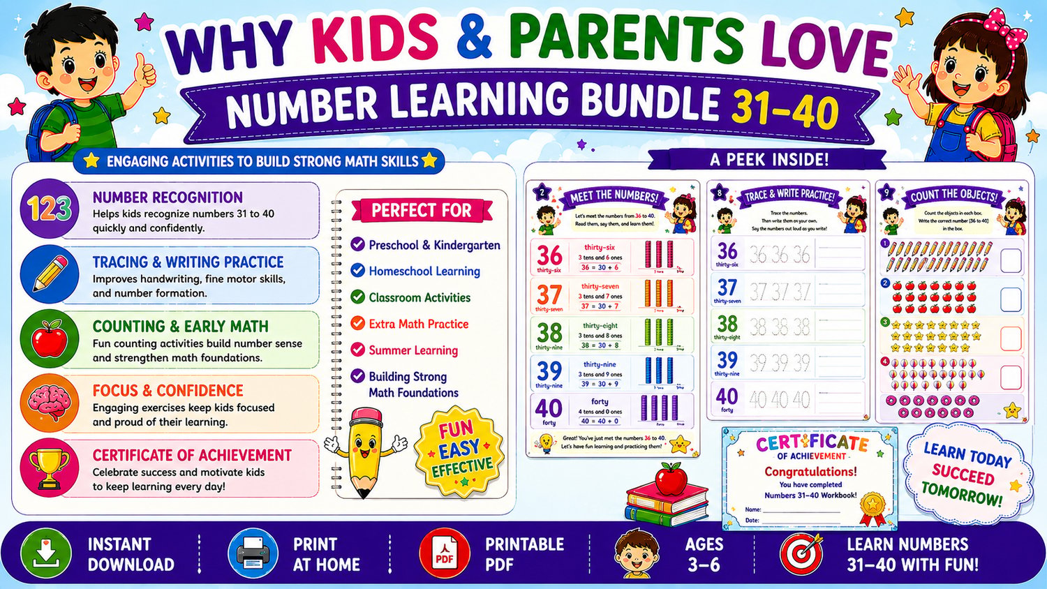 Numbers Learning Workbook Bundle 31 to 40 featuring engaging educational activities that help children develop counting, number recognition, and early math skills