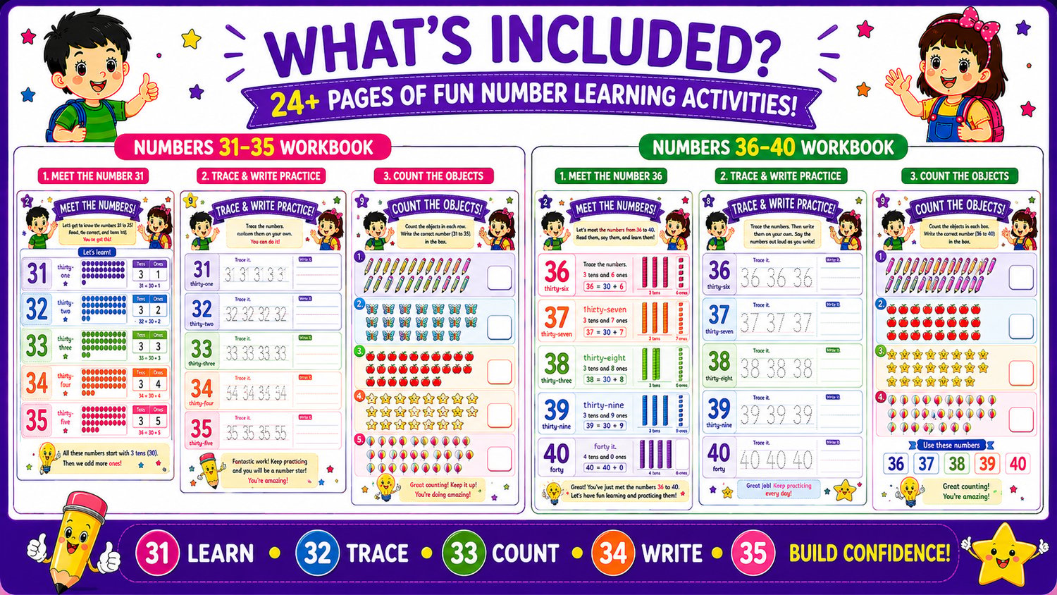 Numbers Learning Workbook Bundle 31 to 40 contents overview featuring number recognition, tracing practice, counting activities, and early math worksheets for children