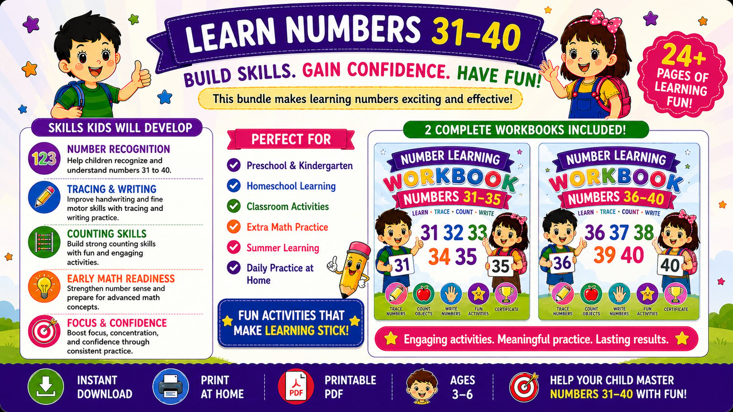 Numbers Workbook Bundle 31 to 40 printable activities including number tracing worksheets, counting exercises, matching games, and preschool math activities