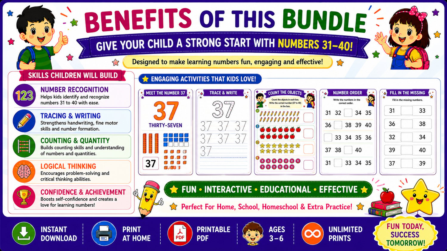 Numbers Learning Workbook Bundle 31 to 40 printable educational resource designed for homeschooling, preschool, kindergarten, and classroom math learning activities