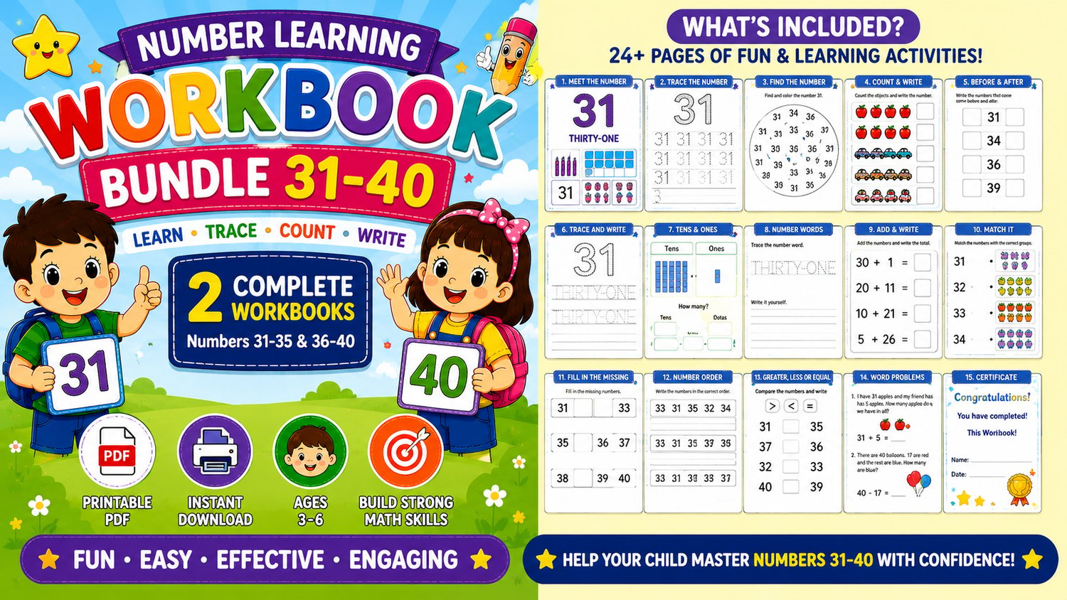 Numbers Learning Bundle 31 to 40 printable educational worksheets for preschool and kindergarten featuring number tracing, counting, and fun math activities