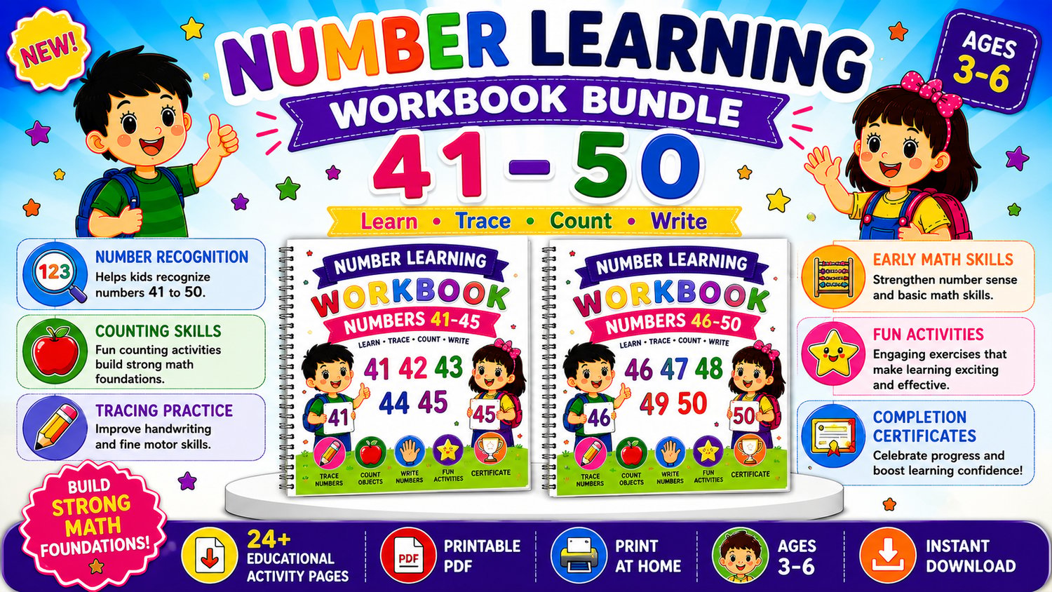 Numbers Learning Bundle 41 to 50 printable educational worksheets for preschool and kindergarten featuring number tracing, counting, and fun math activities