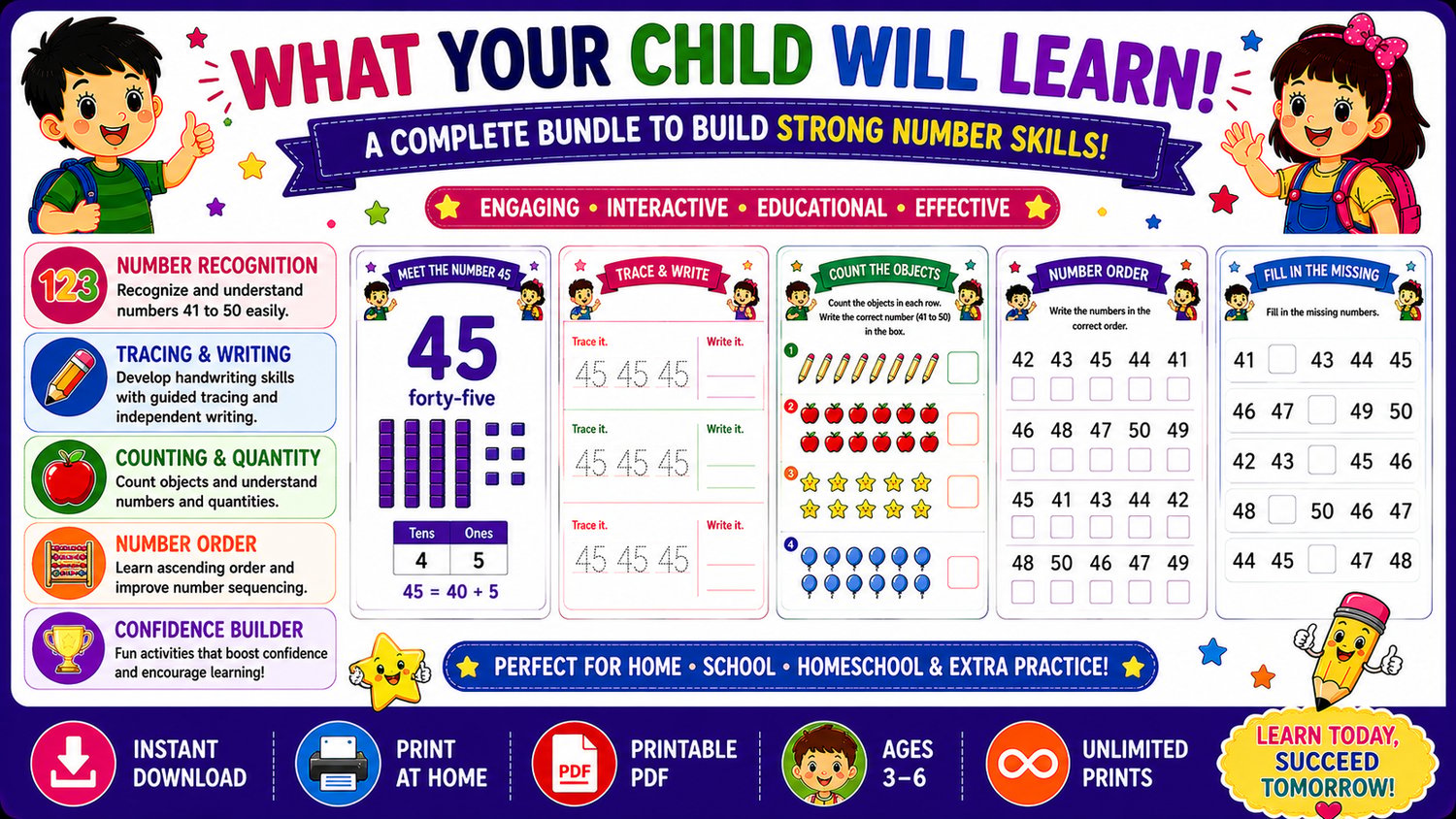 Numbers Workbook Bundle 41 to 50 printable activities designed to improve counting, number recognition, handwriting, and early math readiness for preschool children