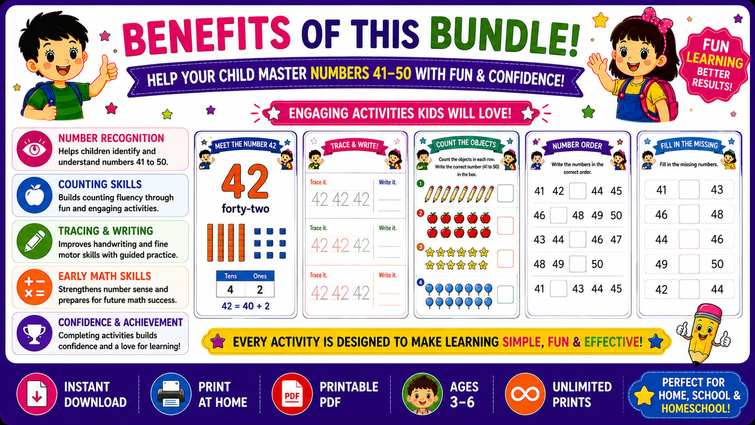 Numbers Learning Workbook Bundle 41 to 50 featuring engaging educational activities that help children develop counting, number recognition, and early math skills