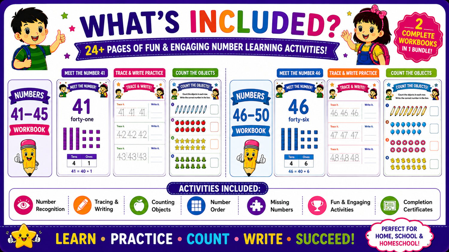 Numbers Learning Workbook Bundle 41 to 50 contents overview featuring number recognition, tracing practice, counting activities, and early math worksheets for children