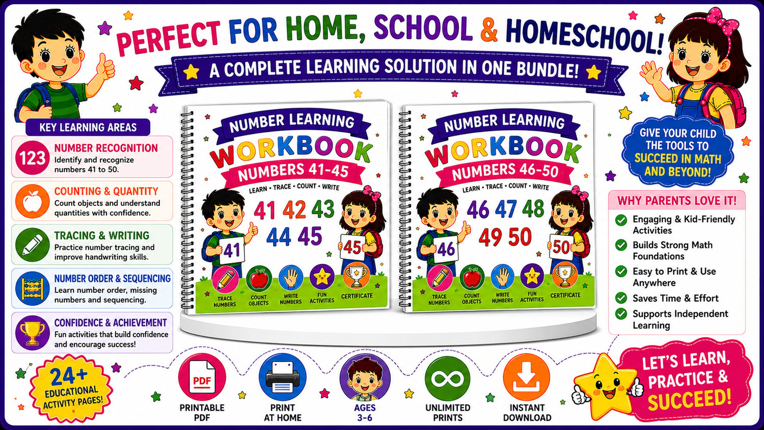 Numbers Learning Workbook Bundle 41 to 50 printable educational resource designed for homeschooling, preschool, kindergarten, and classroom math learning activities